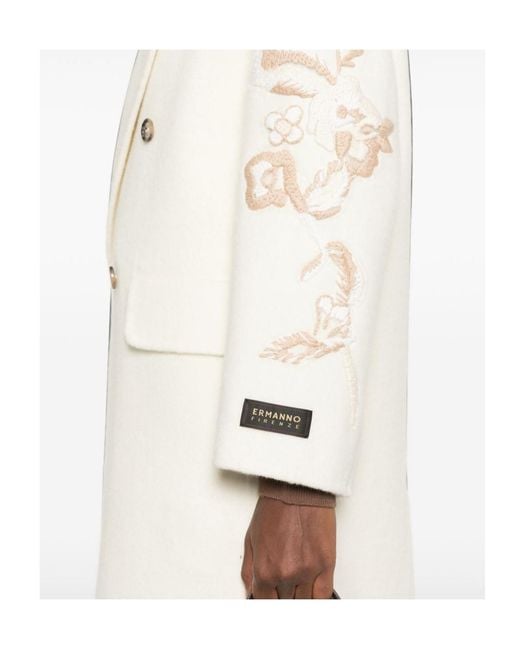 ERMANNO FIRENZE White Floral-Embroidered Double-Breasted Coat