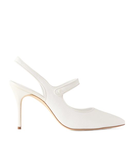 Manolo Blahnik White Leather-Trimmed Raffia Mary Jane Slingback Pumps