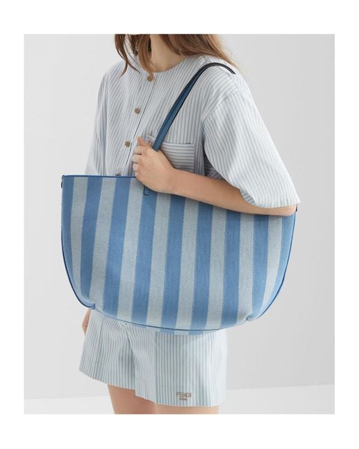 Fendi Blue Roll Striped Reversible Large Tote Bag