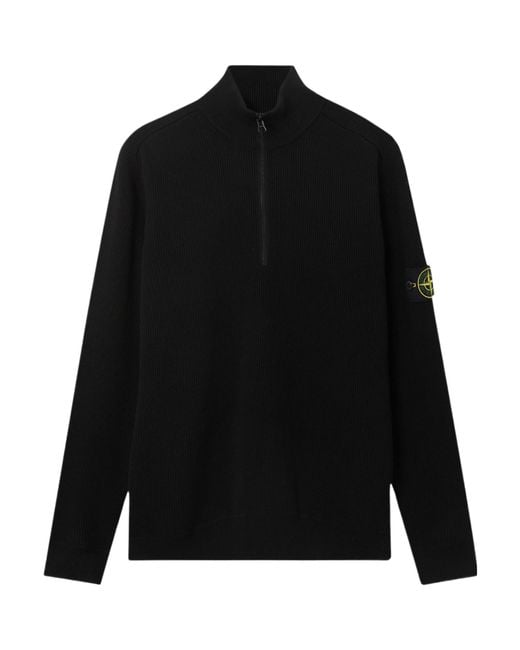 Stone Island Black Organic Cotton Rib Half Zip Sweater for men