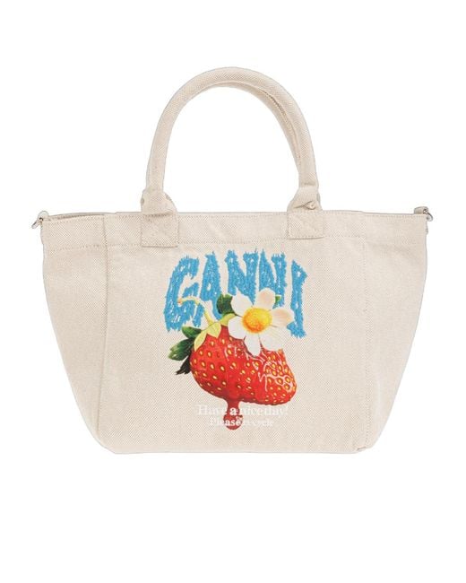 Ganni White Strawberry Printed Small Tote Bag