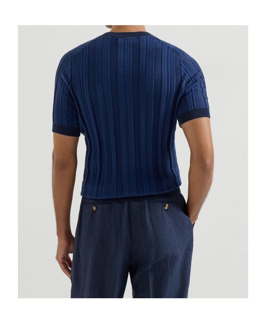 Brunello Cucinelli Blue Jacquard-Textured Rib-Knit Button-Fastening Polo Shirt for men