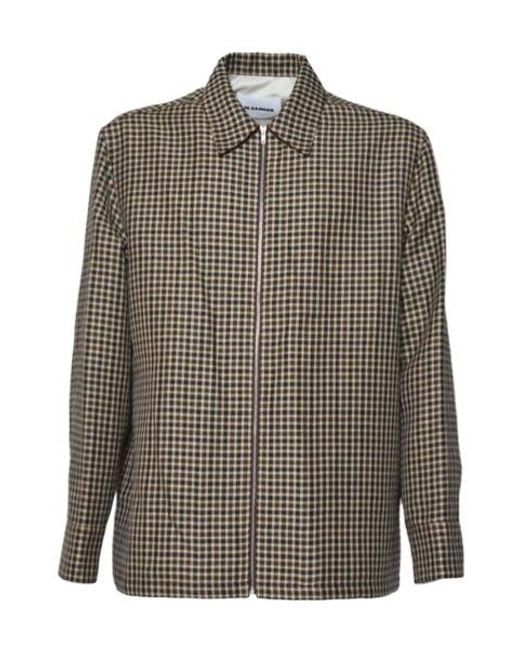 Jil Sander Brown Gingham-Pattern Zip-Up Shirt for men
