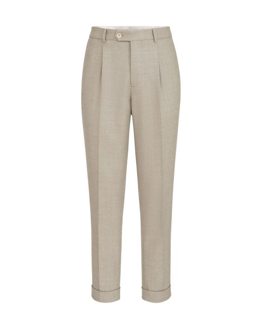 Brunello Cucinelli Gray Virgin-Wool Mouliné-Twill Trousers With Pleat for men