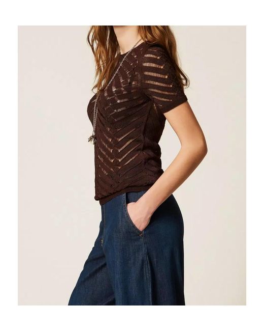 Twinset Brown Sheer Chevron Knitted Top