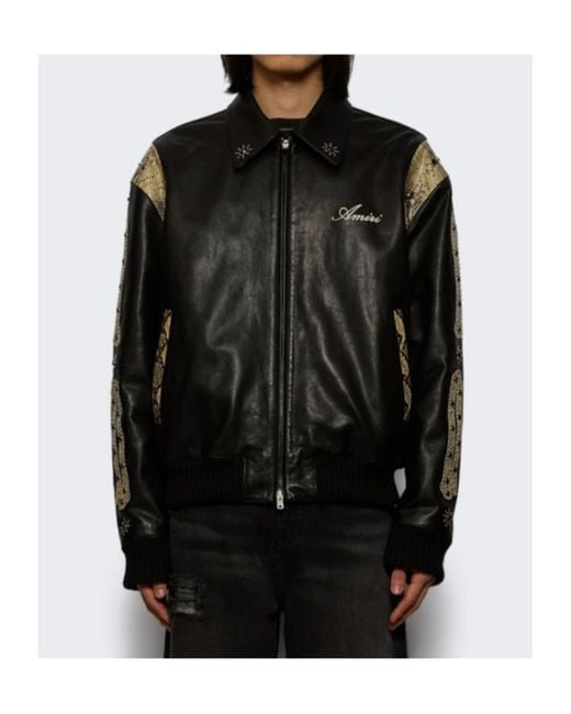 Amiri Black Snake-Effect Studded Bones Leather Jacket for men