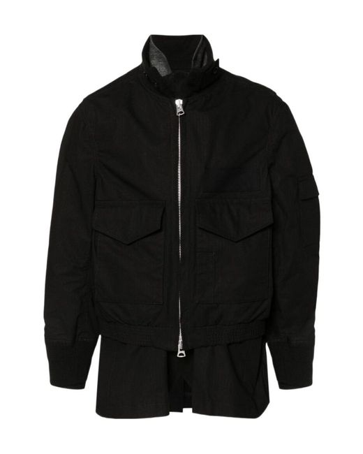 Sacai Black Rip Stop Zip-Up Bomber Jacket for men