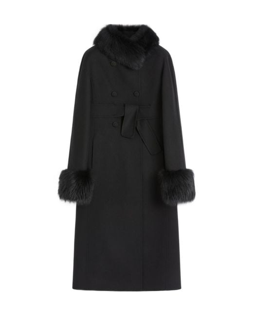 Valentino Black Faux Fur-Trimmed Double-Breasted Coat