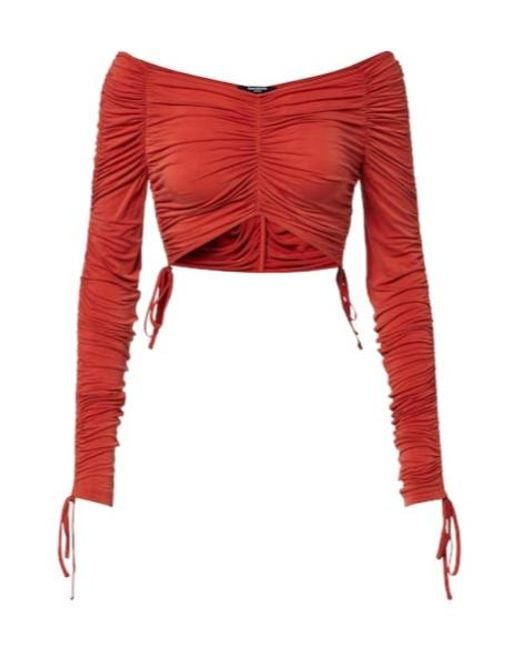 Balmain Red Ruched Jersey Crop Top
