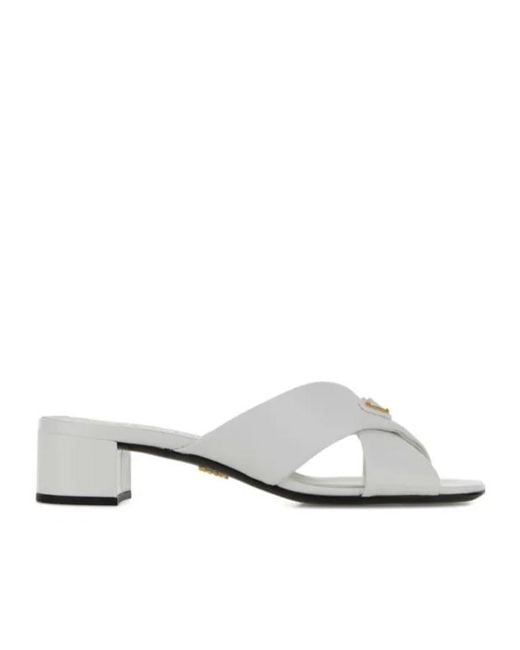 Prada White Triangle-Logo Slip-On Sandals
