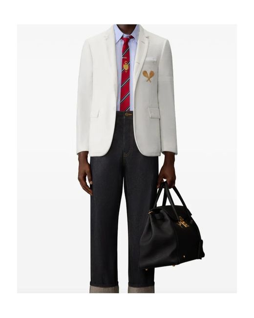 Thom Browne White Embroidered Blazer for men
