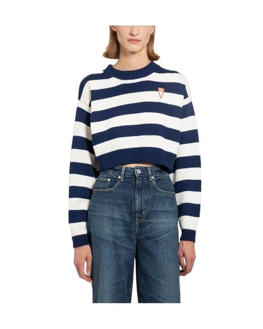 KENZO Blue Logo-Patch Crewneck Striped Cropped Jumper