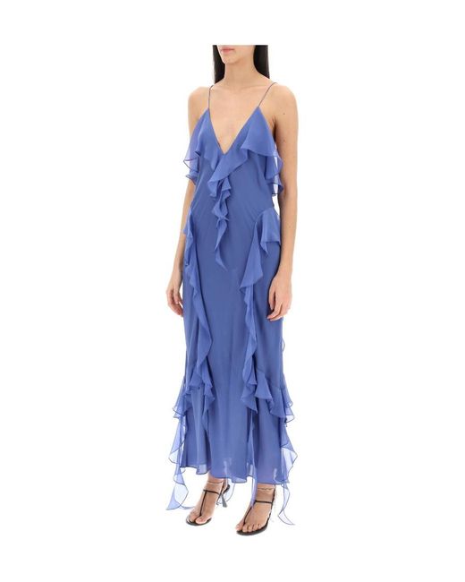 Khaite Blue Ruffle-Trim Plunging V-Neck Maxi Dress