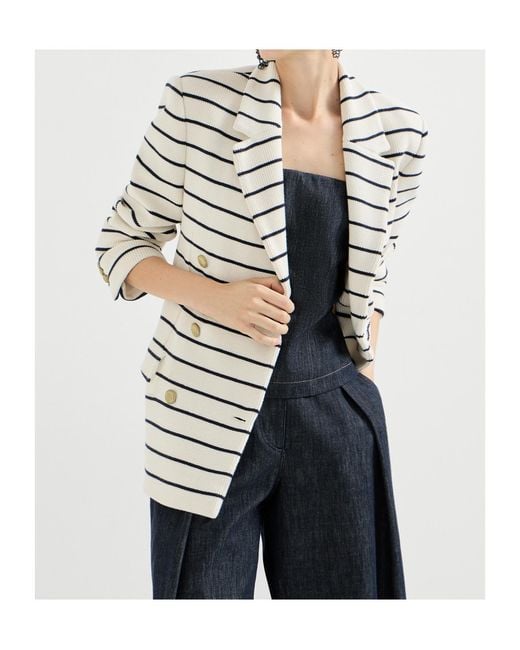Brunello Cucinelli White Cotton Stripe Double-Breasted Blazer