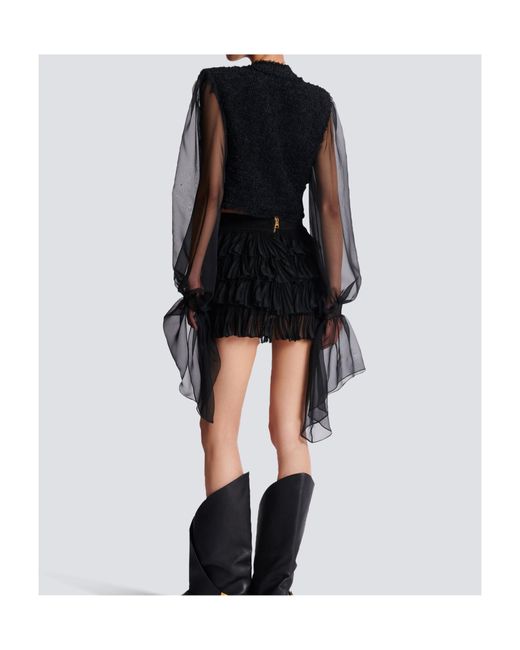 Balmain Black Chiffon-Sleeve Tweed Jacket