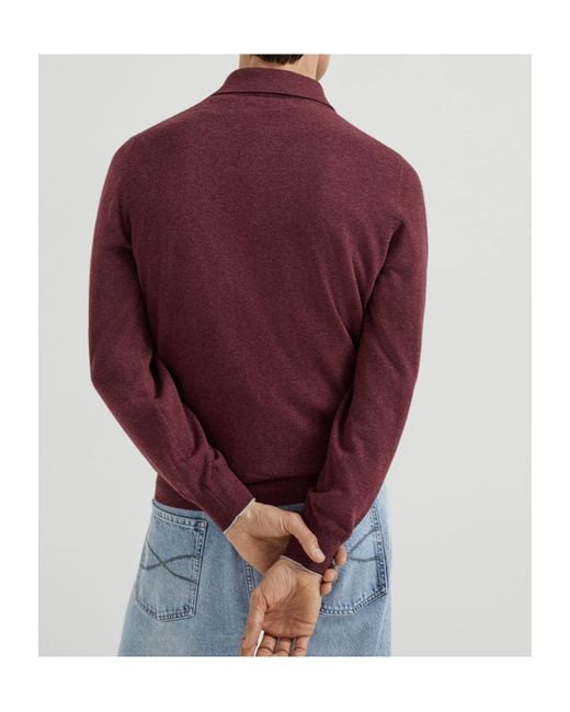 Brunello Cucinelli Red Long Sleeved Knitted Polo Shirt for men