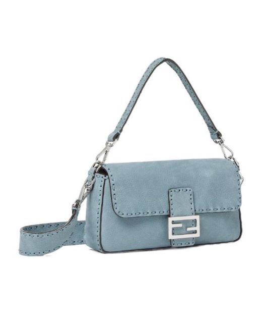 Fendi Blue Aguette Mercury Nubuck Leather Selleria Bag With 612 Hand-Sewn Topstitches