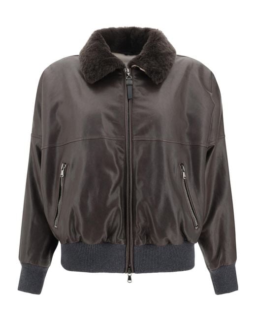 Brunello Cucinelli Gray Shearling Collar Jacket