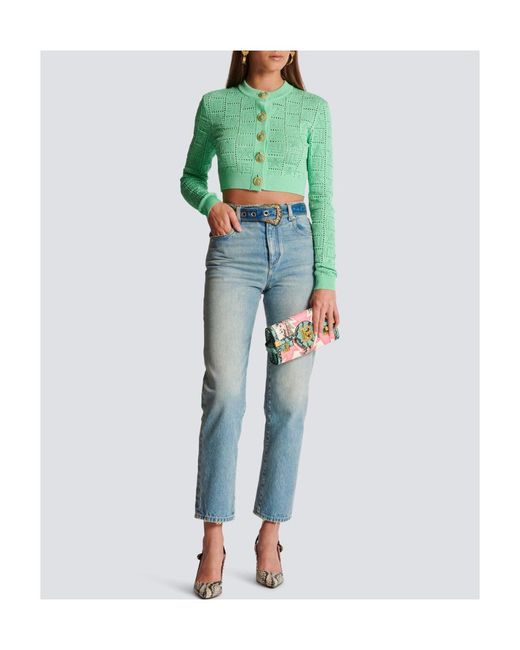 Balmain Green Buttonned Monogram Mesh Knit Cardigan