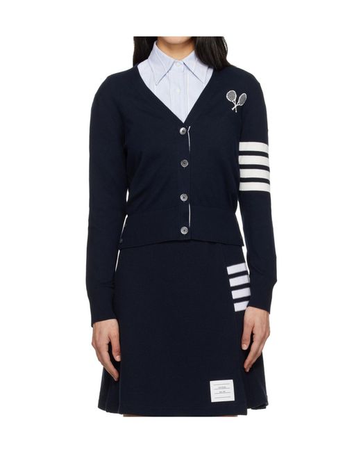 Thom Browne Blue Tennis Racquets V-Neck Cardigan