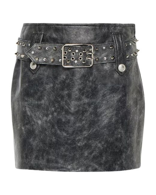 Alessandra Rich Gray Belted Embellished Leather Miniskirt