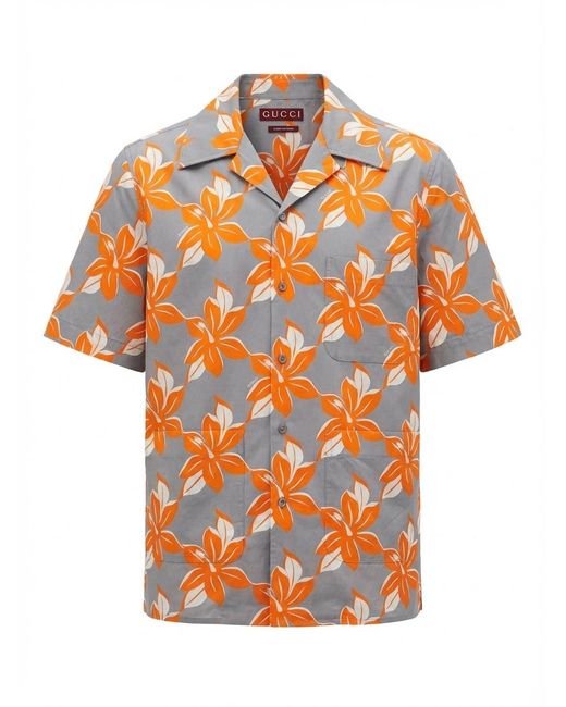 Gucci Orange Printed Short-Sleeve Poplin Shirt for men