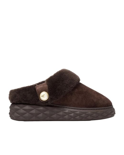Jimmy Choo Brown Diamond Maxi Suede-Shearling Mules