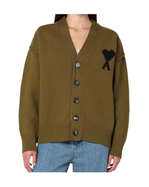 AMI Green Ami De Coeur Logo Intarsia-Knit Buttoned Cardigan for men