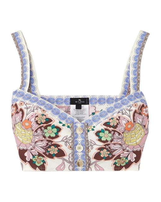 Etro Blue Floral-Printed Sleeveless Cropped Top