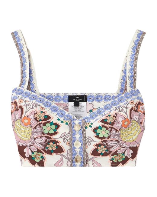 Etro Blue Floral-Printed Sleeveless Cropped Top