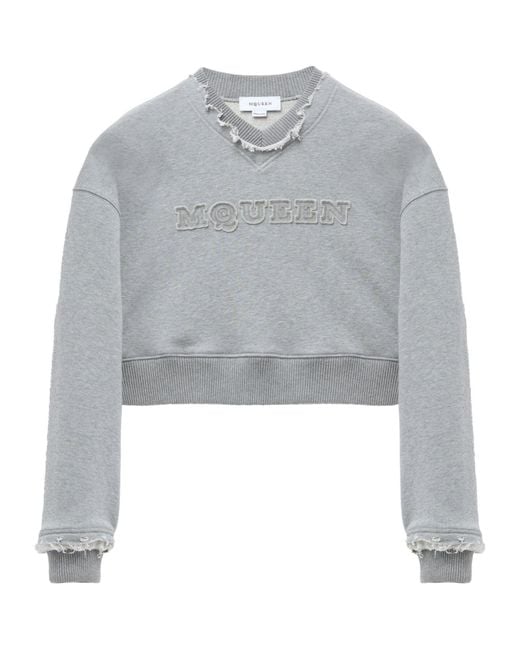 McQueen Gray Logo Detailed Cropped Sweatshirt