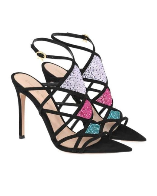 Gianvito Rossi Black Strappy Crystal Heeled Sandals