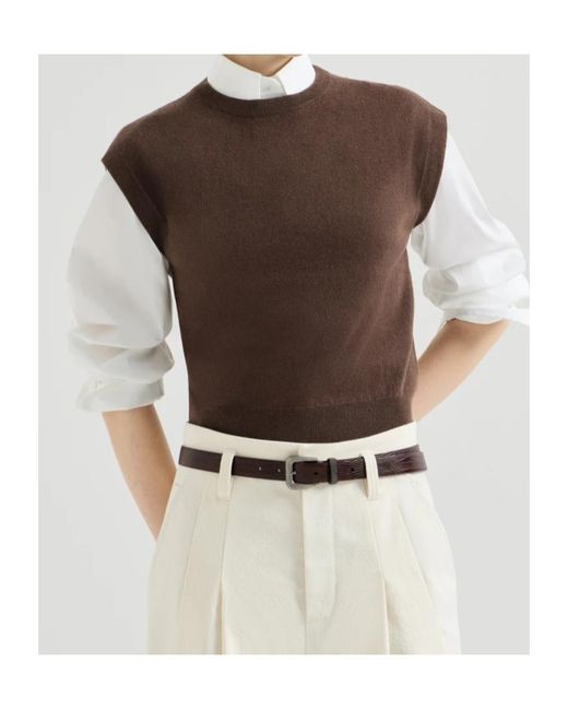Brunello Cucinelli Brown Cashmere Knit T-Shirt With Monili