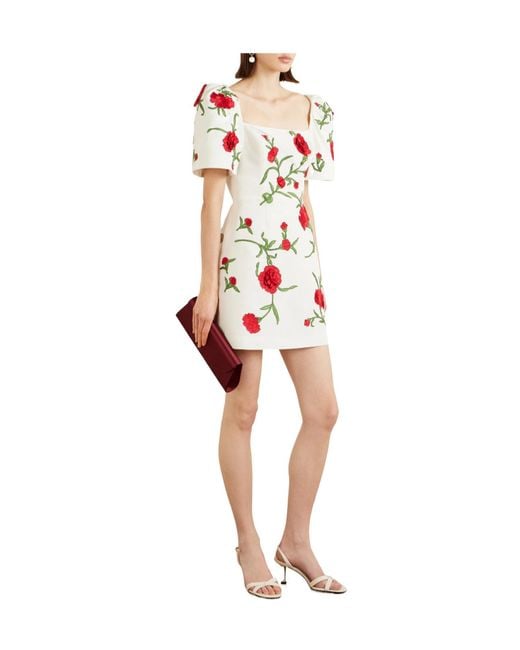 Carolina Herrera White Embellished Floral Silk-Faille Mini Dress