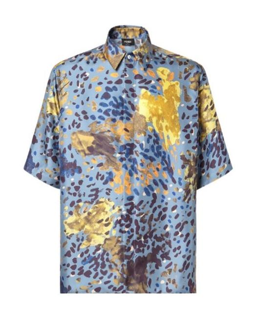 Fendi Blue Allover Falena Printed Short Sleeved Shirt for men
