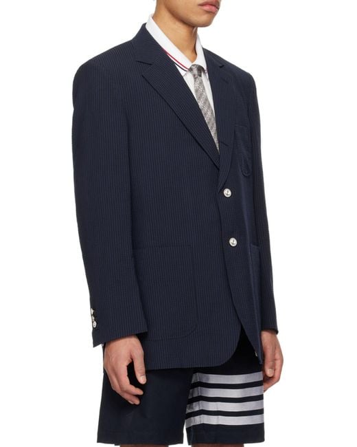 Thom Browne Blue Single Breasted Seersucker Blazer for men