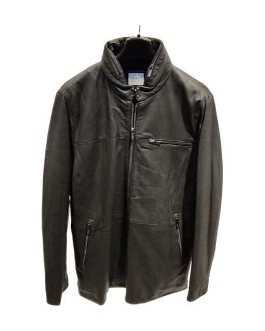 Armani Collezioni Black Long-Sleeved Leather Jacket for men