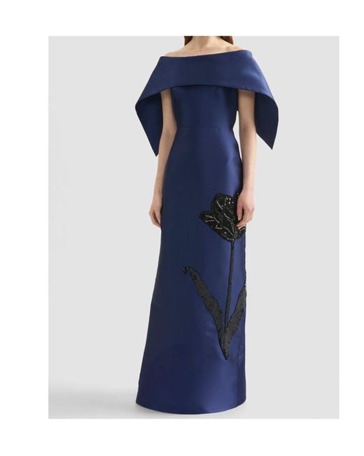 Erdem Blue Embellished Mikado Off-The-Shoulder Gown