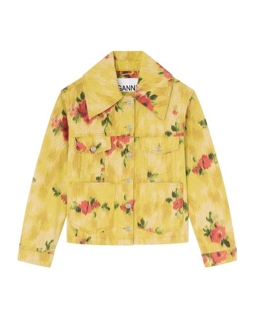 Ganni Yellow Floral Printed Denim Jacket