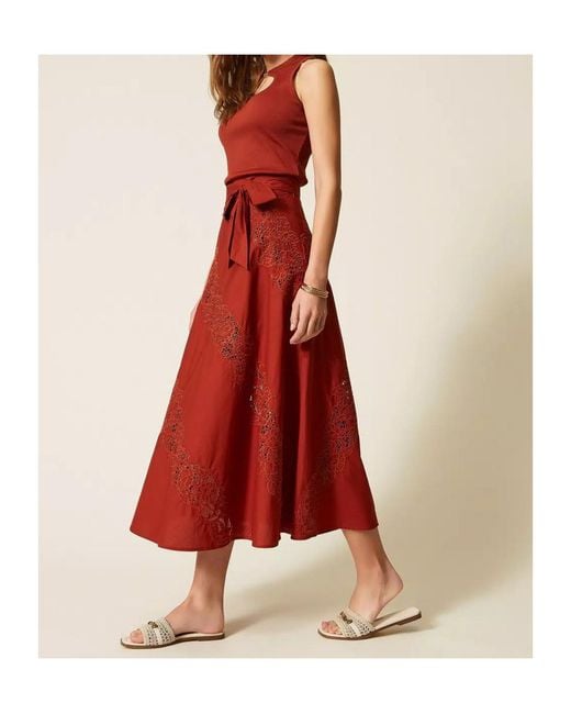 Twinset Red Long Poplin And Broderie Anglaise Skirt
