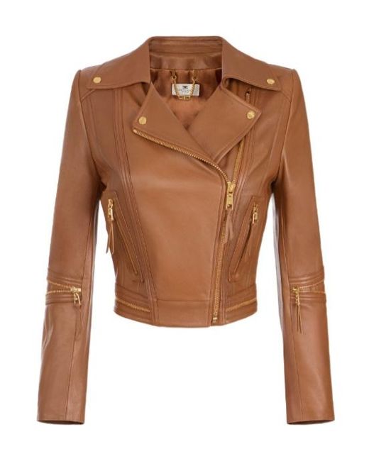 Elisabetta Franchi Brown Zipped Biker Jacket