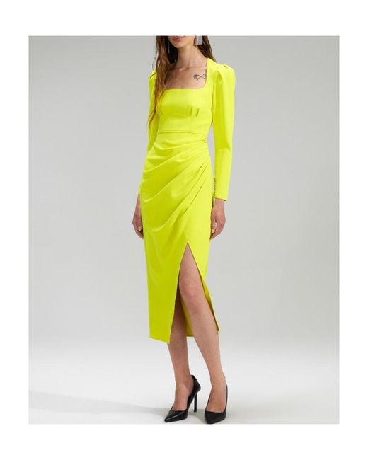 Self-Portrait Yellow Lime Crepe Ruched Midi Dress
