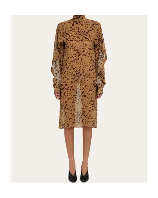 Ferragamo Brown Silk Dress With Orchid Print