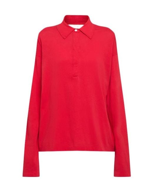 The Row Red Roddie Long Sleeve Cotton Polo Top