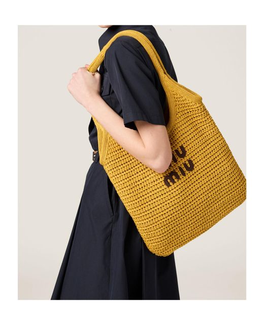 Miu Miu Ivy Raffia-Effect Woven Tote Bag in Yellow | Lyst
