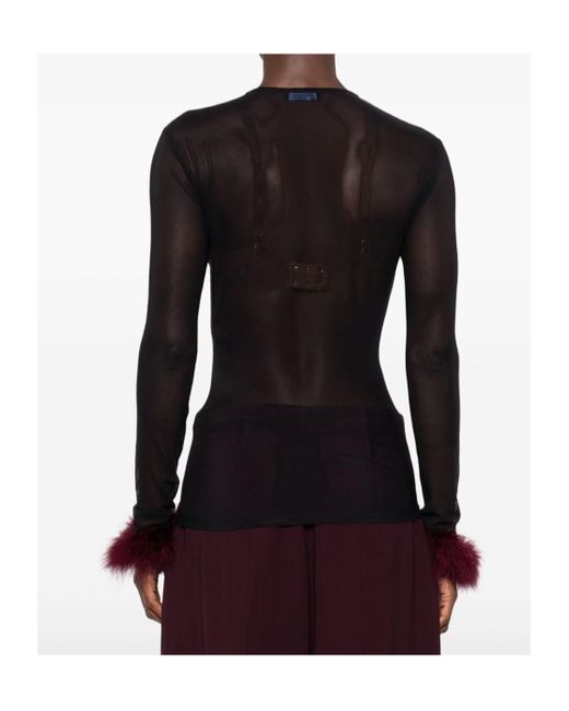 Mugler Black Mesh-Panel Feather-Cuff Top