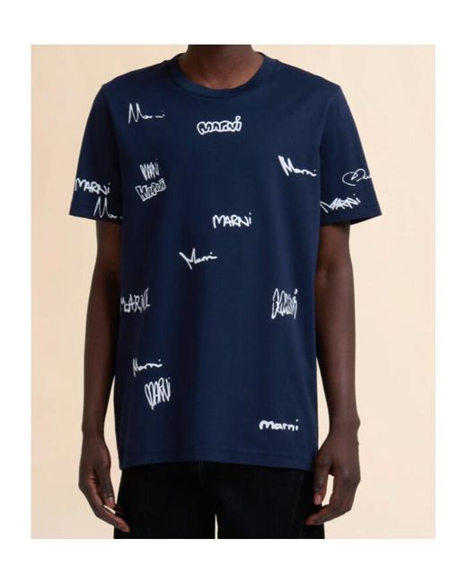 Marni Blue Multigram Printed T-Shirt for men