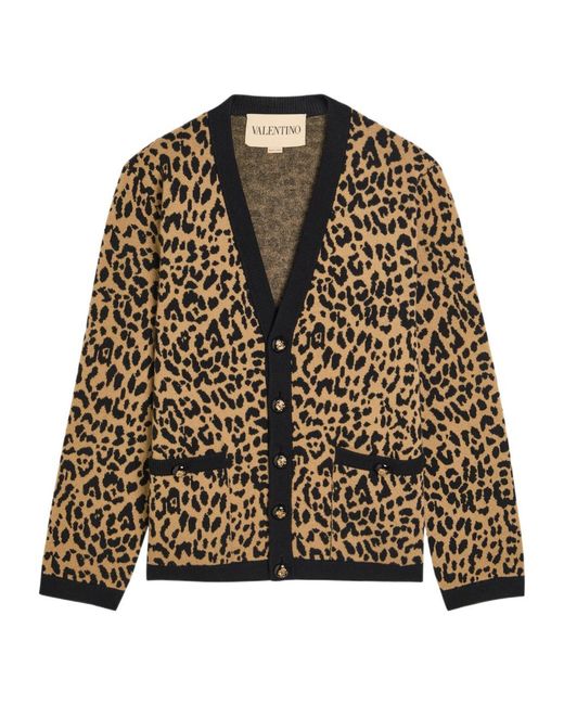 Valentino Brown Leopard-Print Wool Cardigan for men