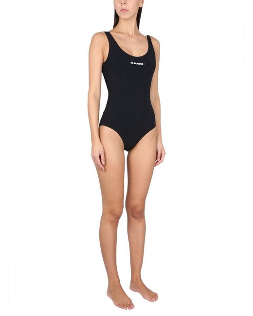 Jil Sander Black Logo Printed One-Piece Swimsuit