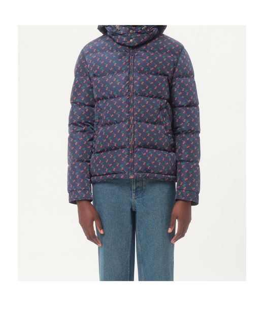 Valentino Blue Nylon Hooded Down Jacket With Cherryfic Print for men